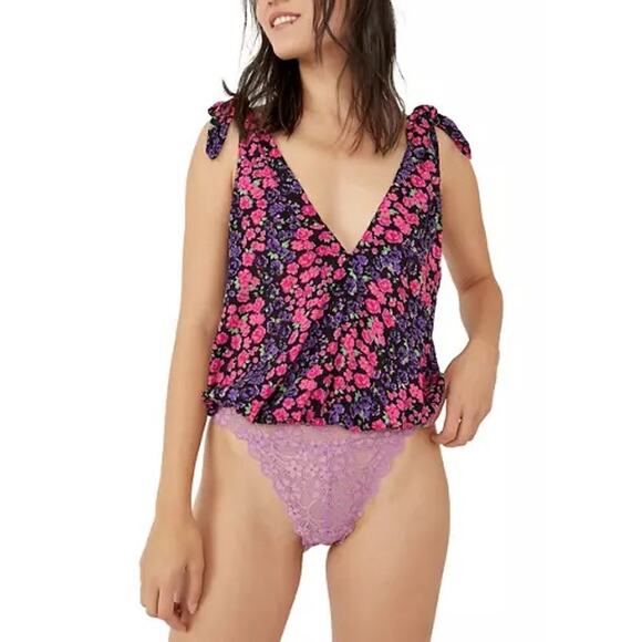 Free People | NWT Bare It All Purple Pink Floral Shoulder Tie Lace Tank Bodysuit - Picture 1 of 14